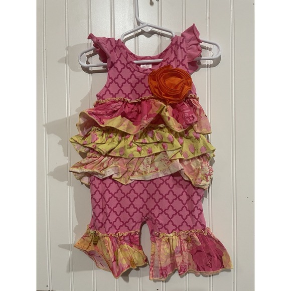 Baby Girl $65 GIGGLE MOON Sz 3 Months One Piece Pink Green Ruffle Romper G171 - Picture 1 of 4
